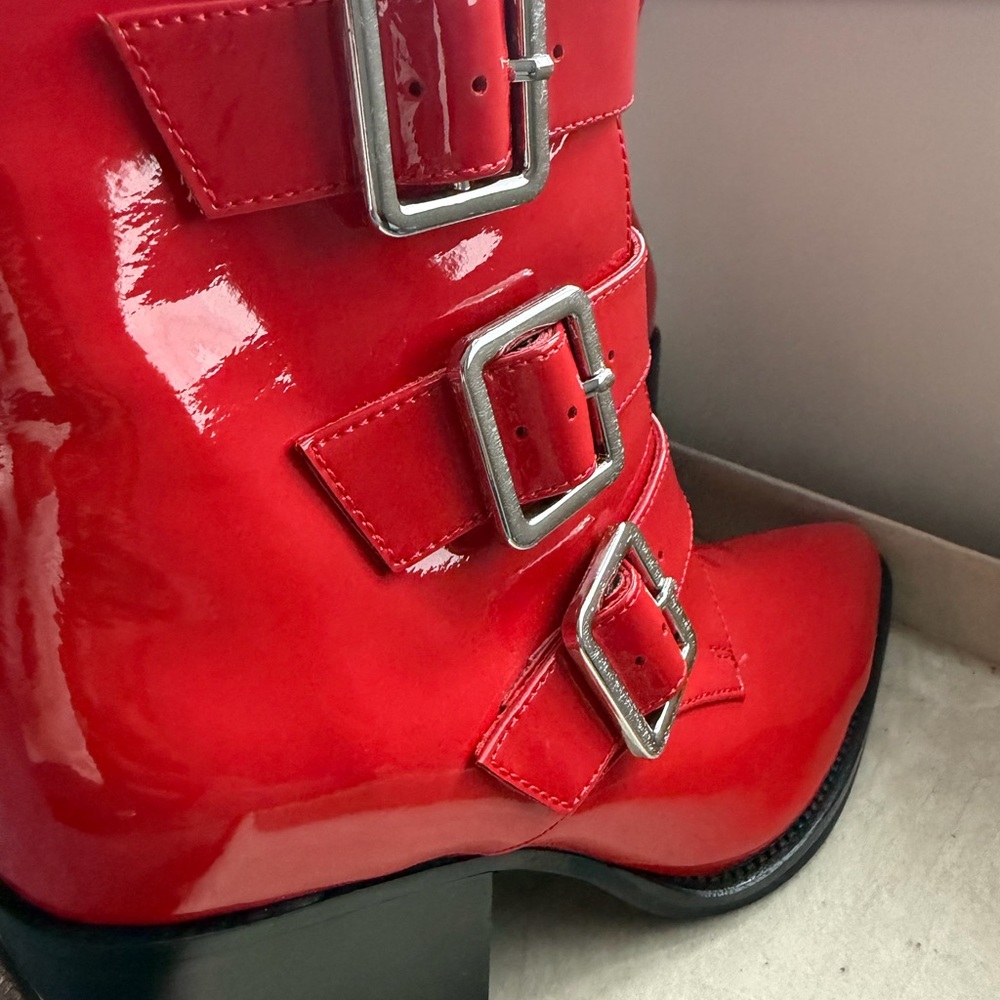 Django & Juliette Marzena Buckled Red Patent Leather Ankle Boots - Picture 6 of 16